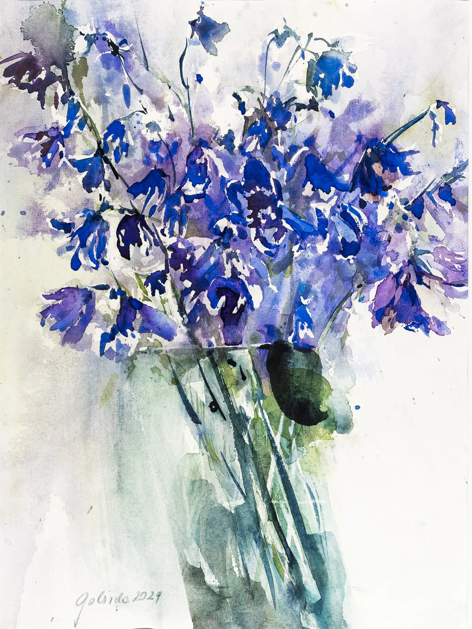 Akelei in Vase — Aquarell von Gabriele Schmitzer