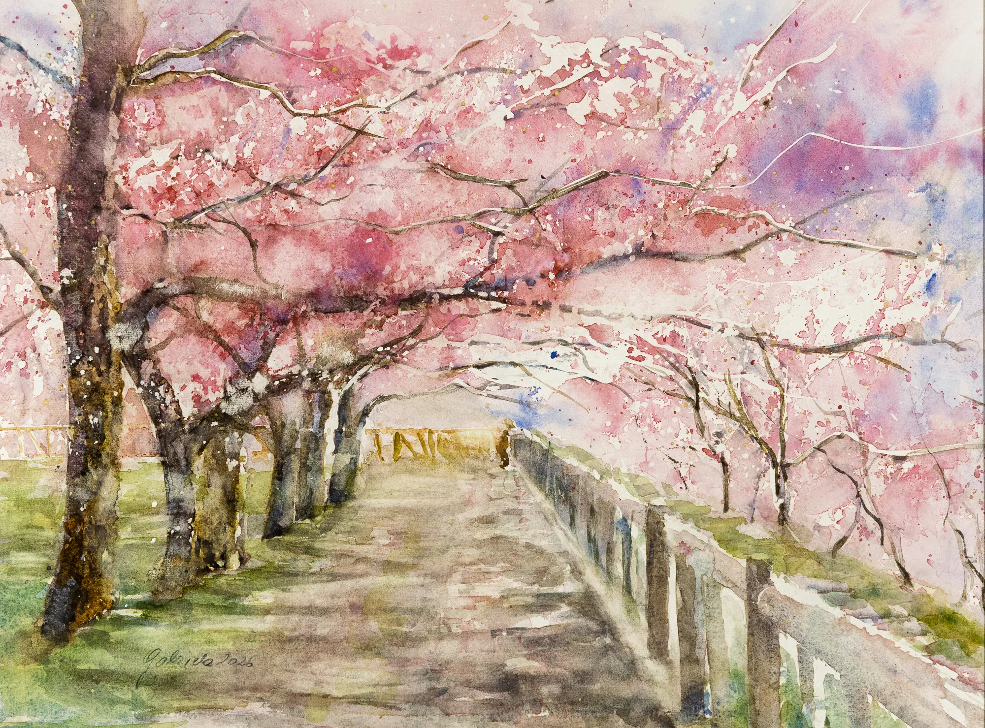 Garten mit blühenden Kirschbäumen — Aquarell von Gabriele Schmitzer