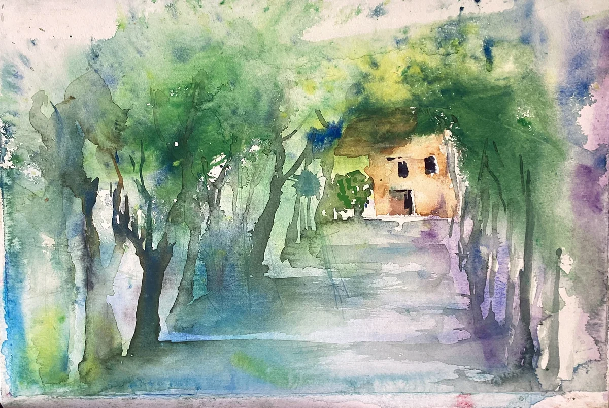 Aquarell eines Kindes — Malen im Garten