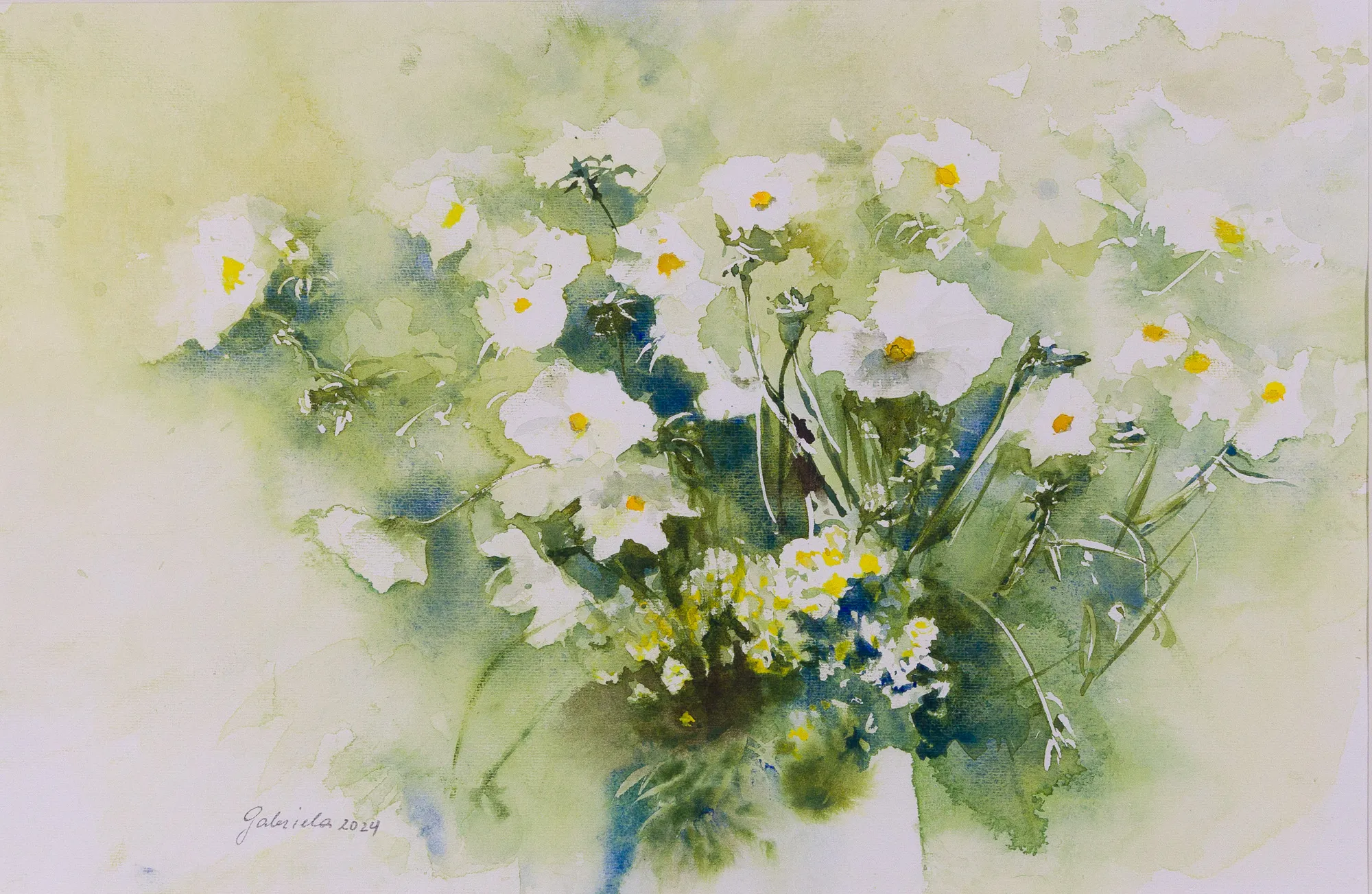 Weiße Cosmea und Kamille in Vase — Aquarell von Gabriele Schmitzer
