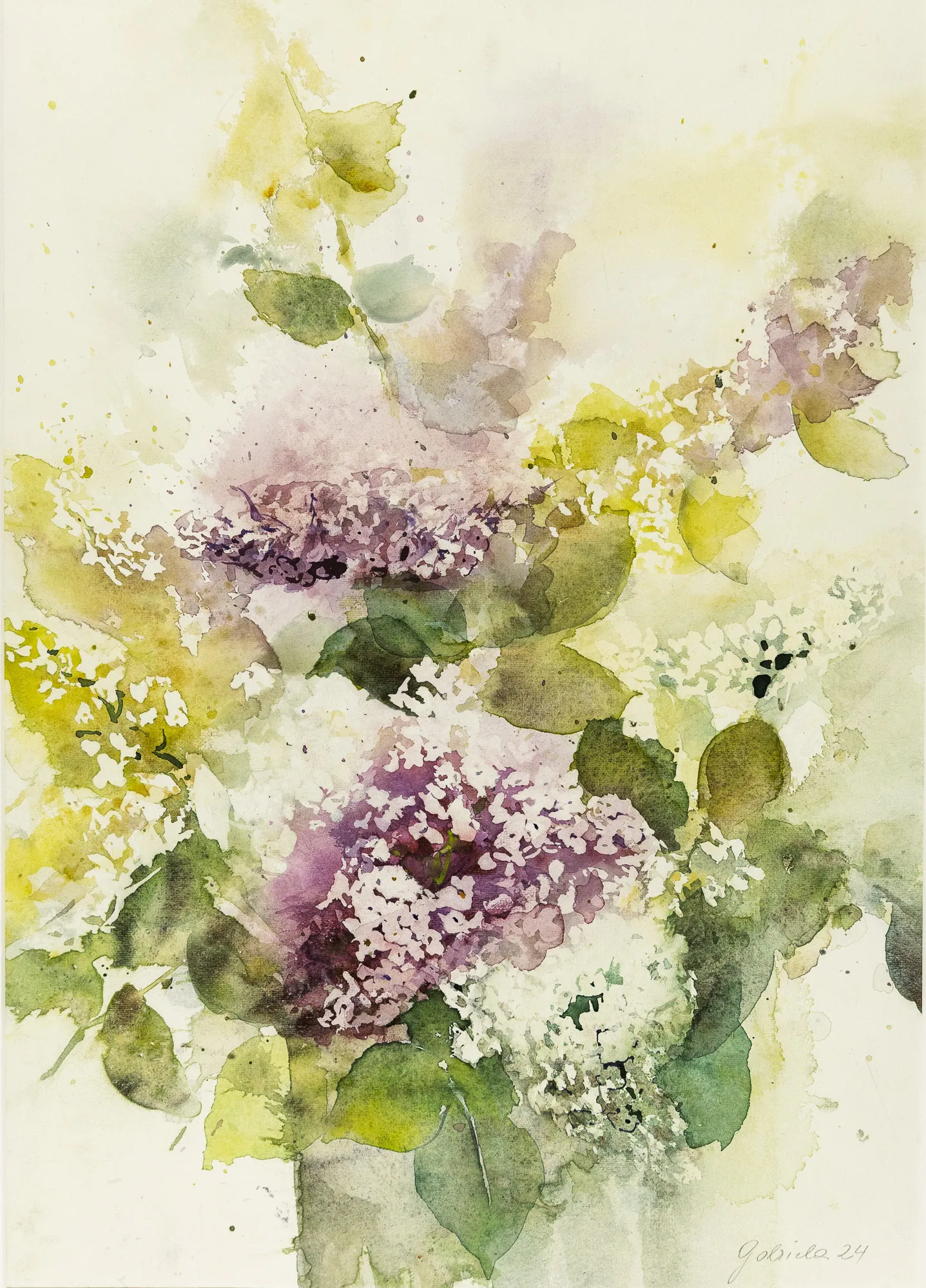 Weißer und lila Flieder in Vase — Aquarell von Gabriele Schmitzer